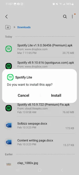 spotify lite mod apk install confirmation