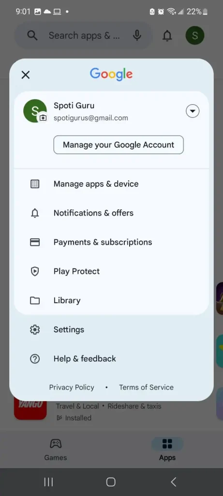 go to manage apps and devices